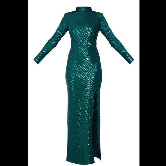 Emerald Green Patterned Sequin High Neck Maxi Prom Dress - NWT - Picture 1 of 6